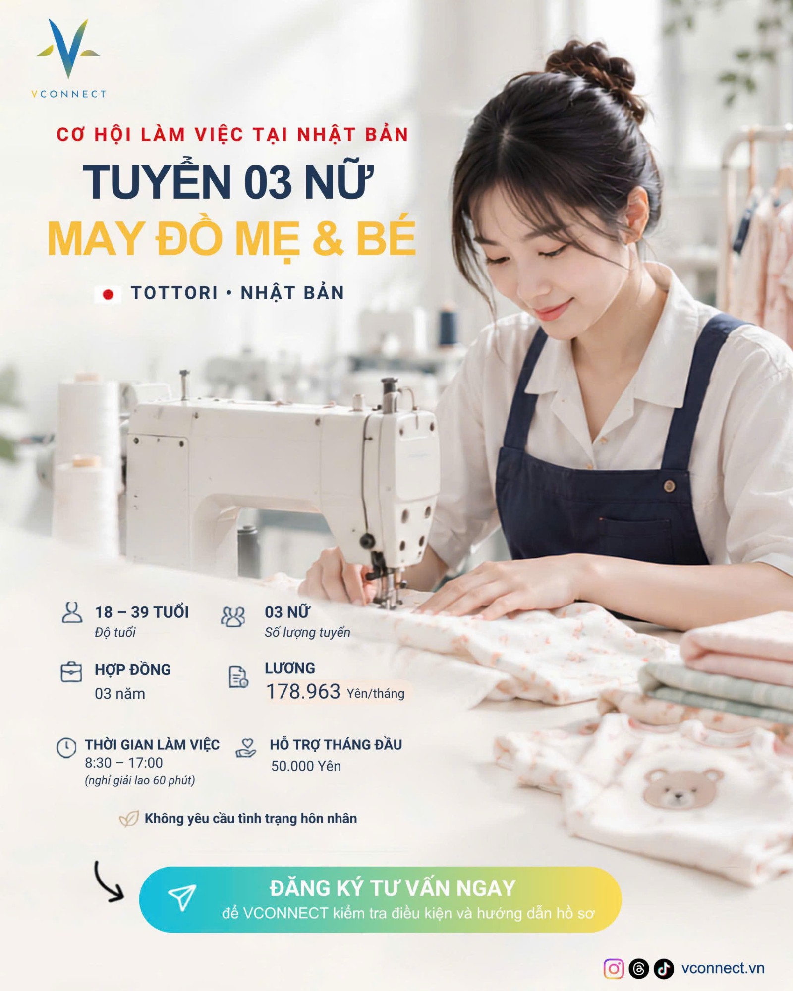 Tuyển 03 Nữ May Đồ Mẹ & Bé Tại Tottori - Nhật Bản | Lương Cơ Bản 178.963 Yên/Tháng