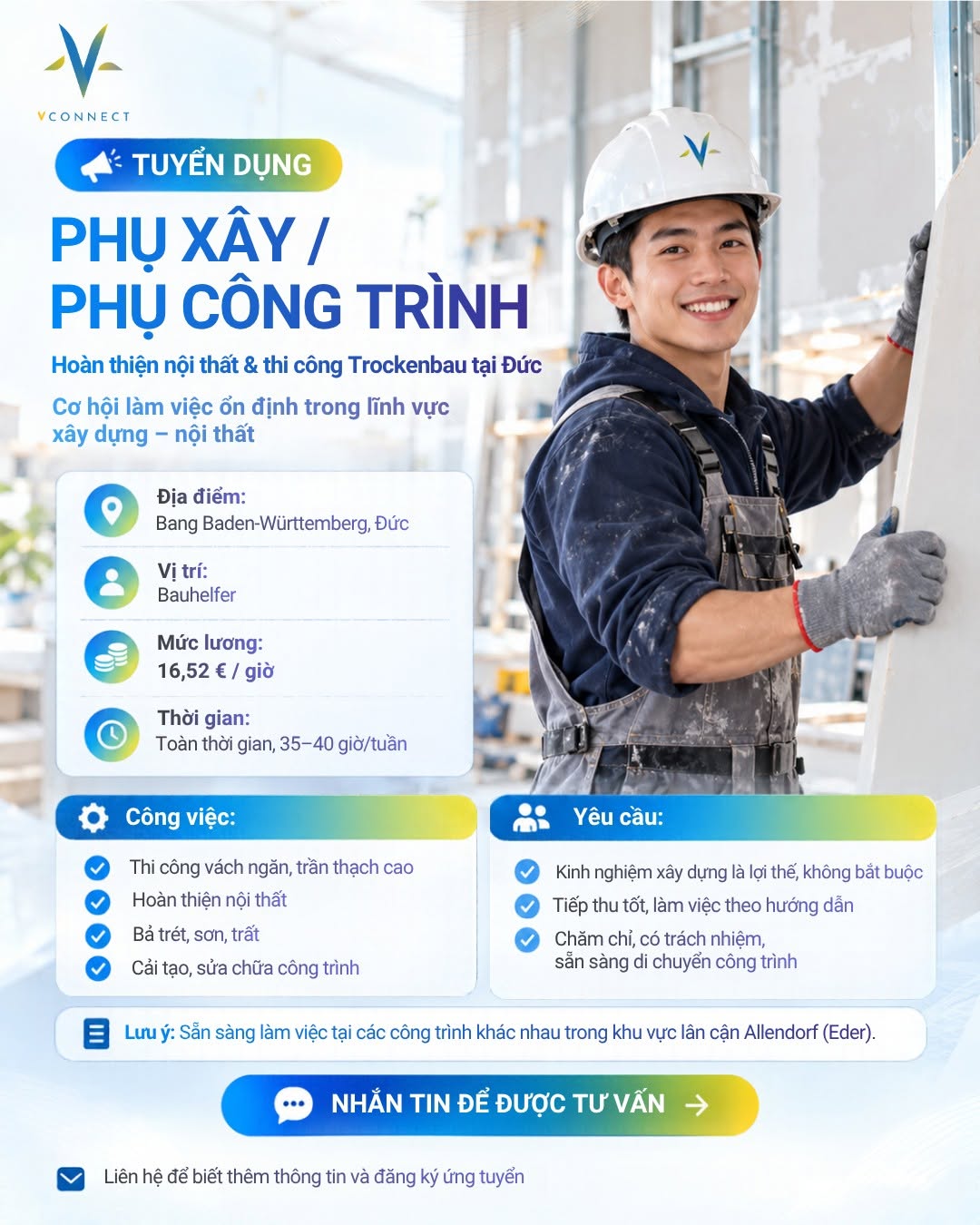 Tuyển Dụng Phụ Xây / Phụ Công Trình (Bauhelfer) Làm Việc Tại Bang Baden-Württemberg, Đức
